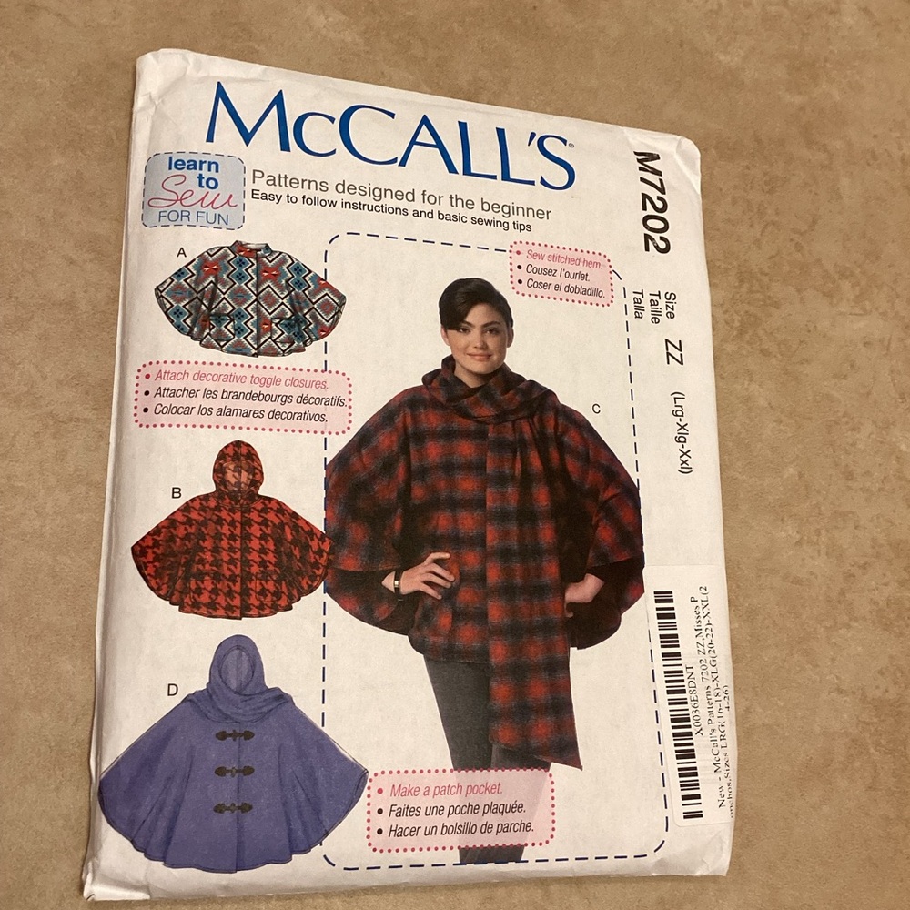 New McCalls Learn to Sew For Fun Misses Ponchos M7202 Size L XL XXL